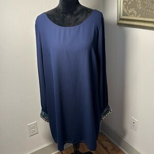 Soieblu black chiffon shift‎ dress long sleeves embellished wrists Sz 1XL new